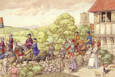 Prins Edward rijdt van Ludlow naar Londen (gouache op papier) door Pat (1907-95) Nicolle