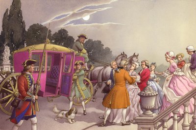 Prinses Augusta, die op het punt stond te bevallen, werd gebundeld in een koets (gouache op papier) door Pat (1907-95) Nicolle