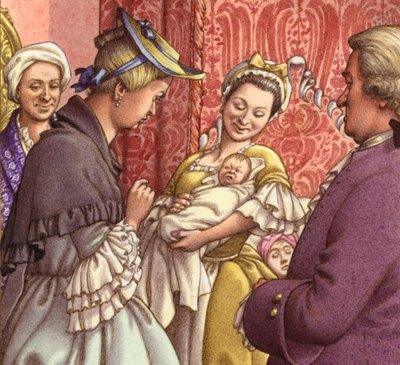 Koningin Caroline houdt haar kleindochter vast (gouache op papier) door Pat (1907-95) Nicolle