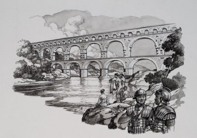 Romeins aquaduct (gouache op papier) door Pat (1907-95) Nicolle