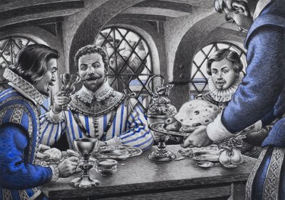 Sir Francis Drake (1540-96) aan tafel (gouache op papier) door Pat (1907-95) Nicolle