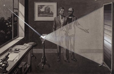 Het licht van een ster valt op een prisma en splitst zich in een regenboog van kleuren (gouache op papier) door Pat (1907-95) Nicolle