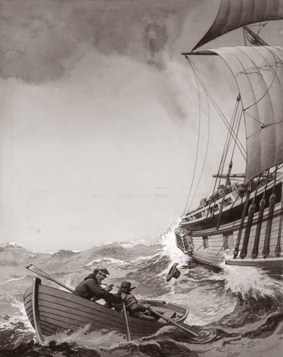 Twee boodschappers van de koning proberen de haven van Calais binnen te roeien (gouache op papier) door Pat (1907-95) Nicolle