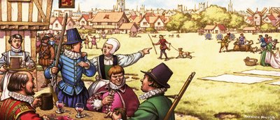 Ongeïdentificeerde 17e eeuwse scène van mannen die drinken in een herberg bij een gemeenschappelijke door Pat (1907-95) Nicolle