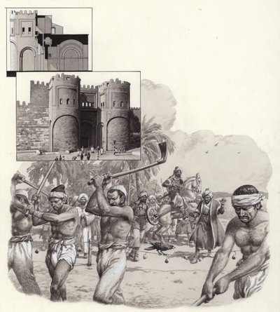 De bouw van de eerste muren van Caïro begon in 969 na Christus (gouache op papier) door Pat (1907-95) Nicolle