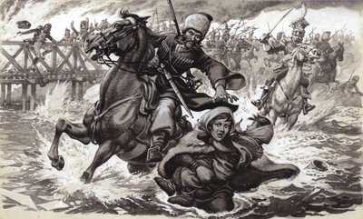 Een Kozakken soldaat probeert Aimee Ladoinski tegen te houden bij het oversteken van de rivier de Berezina (gouache op papier) door Pat (1907-95) Nicolle