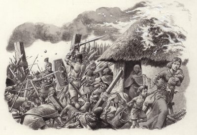 Een Romeins legioen bestormt Maiden Castle (gouache op papier) door Pat (1907-95) Nicolle