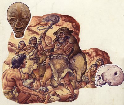 Een arts uit het stenen tijdperk verdrijft de duivel die zijn medemens ziek maakt (gouache op papier) door Pat (1907-95) Nicolle