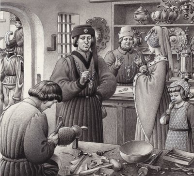 Een goudsmederij in 15e eeuws Italië (gouache op papier) door Pat (1907-95) Nicolle