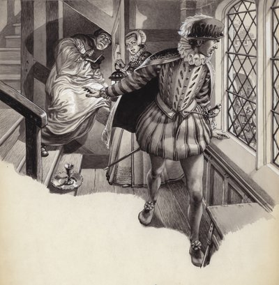 Een priester glijdt in een priesterputje (gouache op papier) door Pat (1907-95) Nicolle