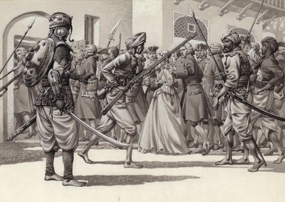 Britse soldaten worden gedwongen in het zwarte gat van Calcutta (gouache op papier) door Pat (1907-95) Nicolle