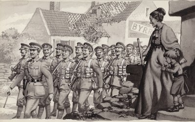 Britse soldaten marcheren (gouache op papier) door Pat (1907-95) Nicolle