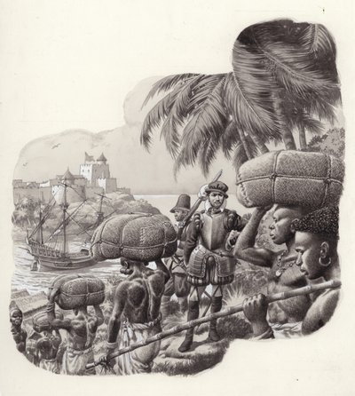 Kasteel gebouwd door Europese handelaren in West-Afrika (gouache op papier) door Pat (1907-95) Nicolle