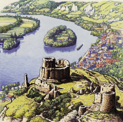 Chateau Gaillard, ook bekend als het Nieuwe Kasteel van de Rots (gouache op papier) door Pat (1907-95) Nicolle