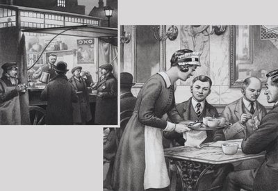 Edwardiaanse koffiebar en theeschenkerij (gouache op papier) door Pat (1907 95) Nicolle
