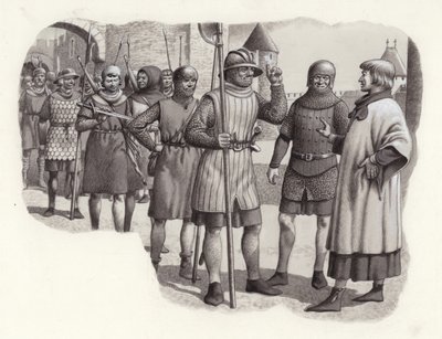Voetvolk uit de 14e eeuw (gouache op papier) door Pat (1907-95) Nicolle