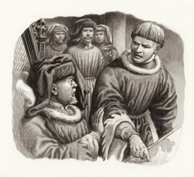 Koning Hendrik IV en prins Hal (gouache op papier) door Pat (1907-95) Nicolle
