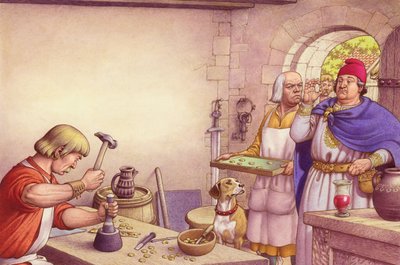 Koning Offa bekijkt munten gemaakt in de Koninklijke Munt van Mercia (gouache op papier) door Pat (1907-95) Nicolle