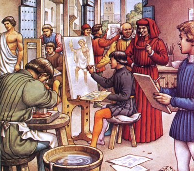Lorenzo de Medici bezoekt de school die hij oprichtte voor kunstenaars door Pat (1907-95) Nicolle