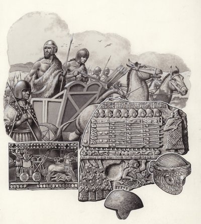 Sumariaanse strijdwagen getrokken door wilde ezels (gouache op papier) door Pat (1907-95) Nicolle
