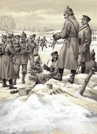 De wapenstilstand op eerste kerstdag (gouache op papier) door Pat (1907-95) Nicolle