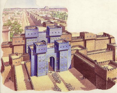 De Ishtar poort van Babylon (gouache op papier) door Pat (1907-95) Nicolle