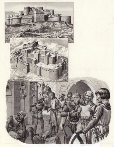 Het fort van Krak des Chevaliers (gouache op papier) door Pat (1907-95) Nicolle