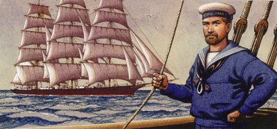 Goed geklede zeeman en vierkantig zeilschip (gouache op papier) door Pat (1907-95) Nicolle