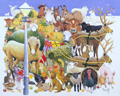Een kerstfeest (olieverf op doek) door Pat Scott