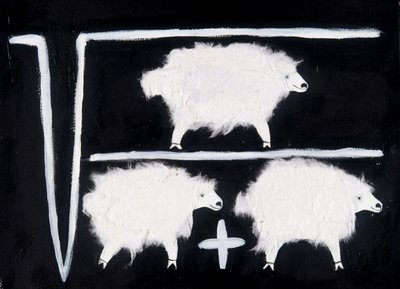 Klonen: Een wiskundig symbool dat vierkantswortel, deling en optelling voorstelt met schapen als proefkonijnen. Witte katoen collage op zwarte achtergrond. door Patrizia La Porta