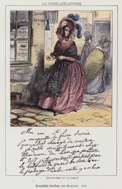 Vrouw die een brief gaat posten, Franse cartoon door Paul (after) Gavarni