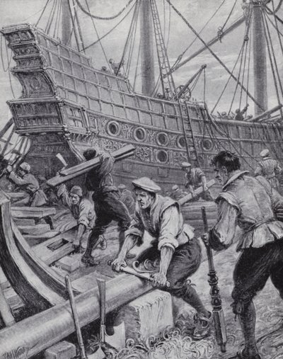 Bouw van het Engelse galjoen Ark Royal, het vlaggenschip in de strijd tegen de Spaanse Armada in 1588 door Paul (after) Hardy