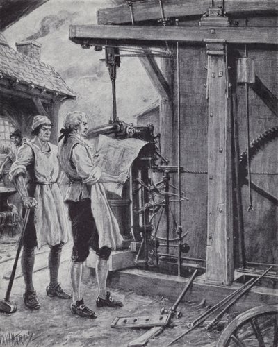 James Watt aan het werk aan de stoommachine door Paul (after) Hardy