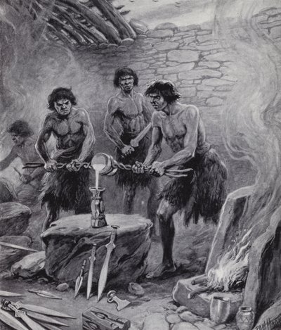 Mannen aan het werk in een gieterij tijdens de Bronstijd (litho) door Paul (after) Hardy