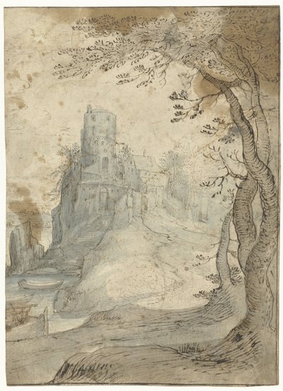 Landschap met een burcht op een rots door Paul Bril (circle of)