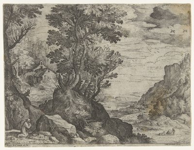 Berglandschap met biddende kluizenaar door Paul Bril