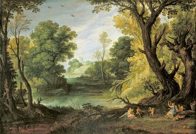 Landschap met Nimfen en Saters door Paul Bril