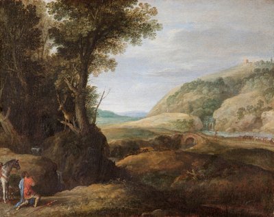 Landschap met Sint Hubertus en het hert, eind 16e of begin 17e eeuw door Paul Bril
