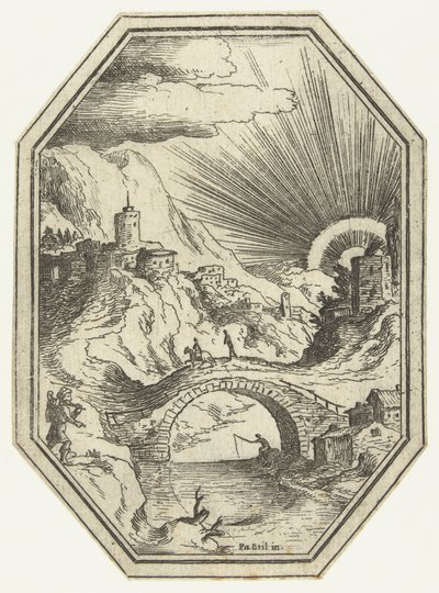 Landschap met stenen brug in octagonaal kader door Paul Bril