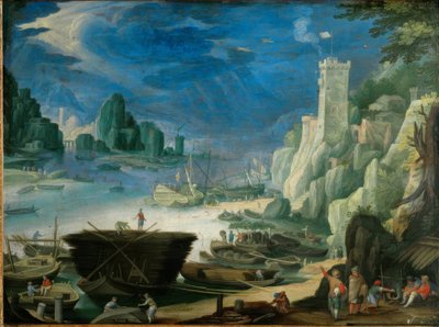Nachtelijke havenlandschap met vuurtoren door Paul Bril