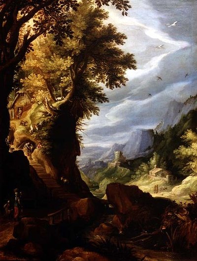 Een bergachtig bebost landschap door Paul Brill or Bril