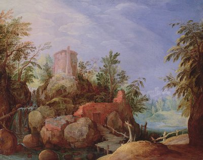 Fantastisch landschap met een waterval en brug door Paul Bril