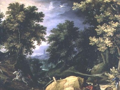 Landschap met een konijnenjacht door Paul Brill or Bril