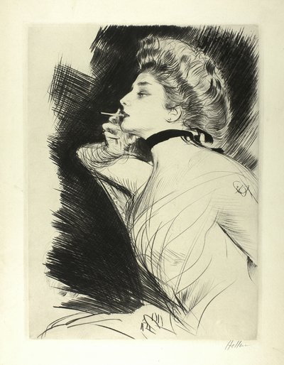 Portret van een zittende vrouw op halve lengte, een sigaret rokend, naar links kijkend door Paul Cesar Helleu