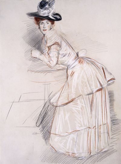 Portret van Madame Helleu leunend op een tafel door Paul Cesar Helleu
