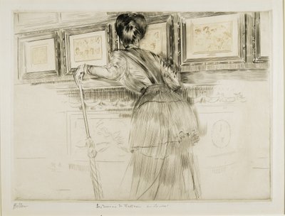 Vrouw kijkt naar Watteau-tekeningen in het Louvre, c. 1895 door Paul Cesar Helleu