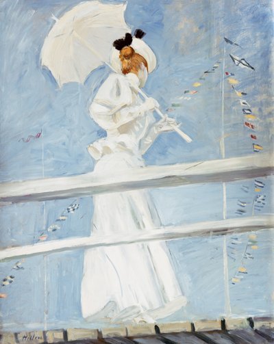 Jonge vrouw met een parasol op een steiger door Paul Cesar Helleu