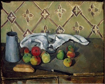 Vruchten, servet en melkdoos door Paul Cézanne