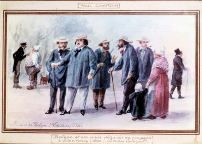 De Franse schrijver Honore de Balzac (1799-1850) en zijn vrienden verkleed als boeren in de stad Avray in 1840 door Paul Chardin