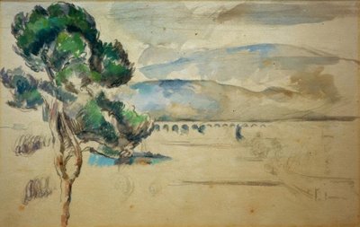 De vallei van de Arc met viaduct en een pijnboom door Paul Cézanne